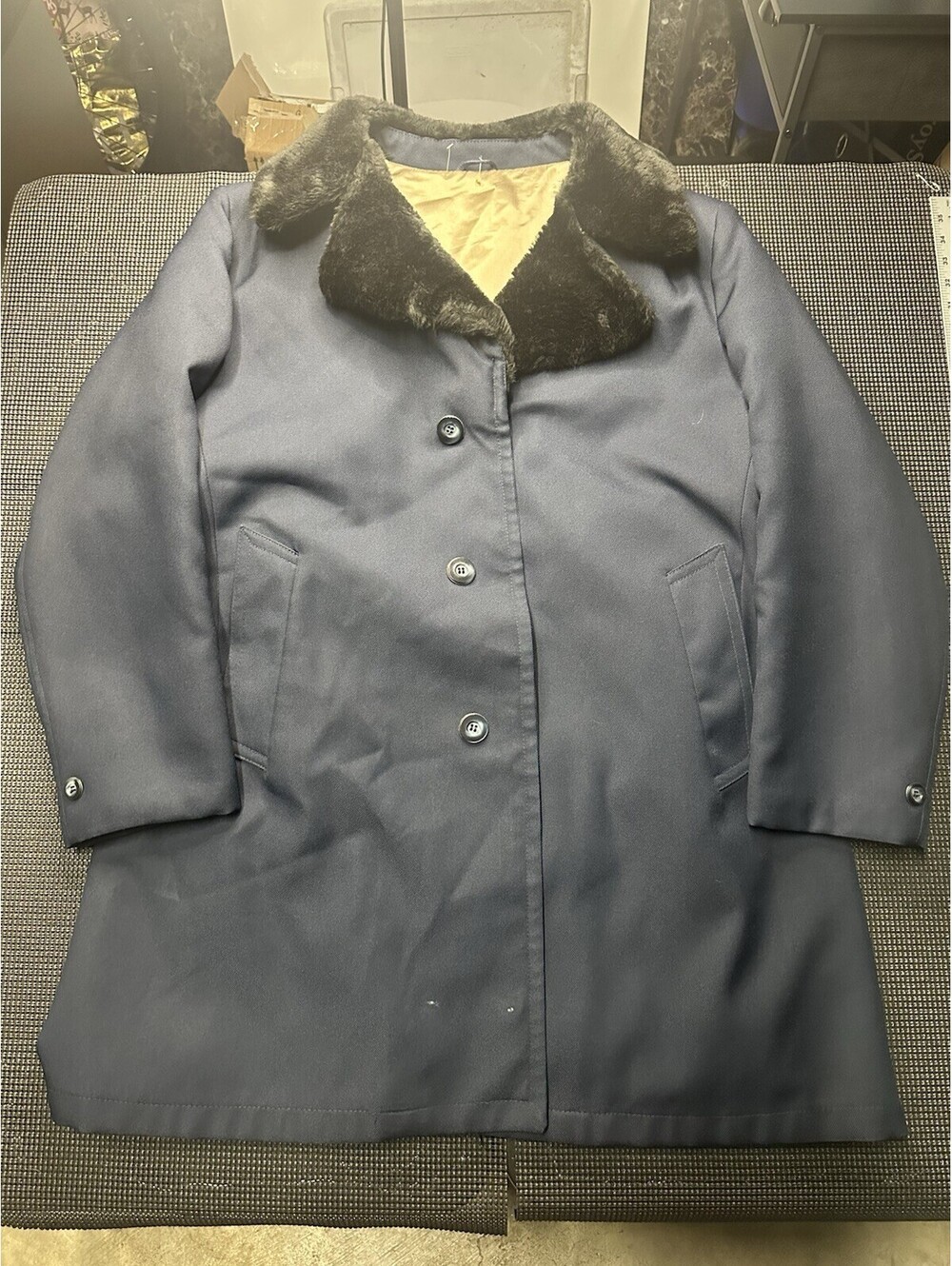 Vintage Navy Faux Fur Collar Overcoat Mens 46R Winter Coat Jacket USA
